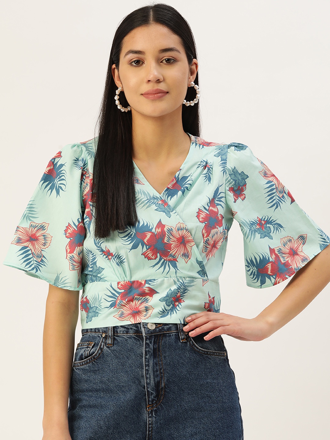 

ZIZO By Namrata Bajaj Floral Print Wrap Cotton Crop Top, Turquoise blue