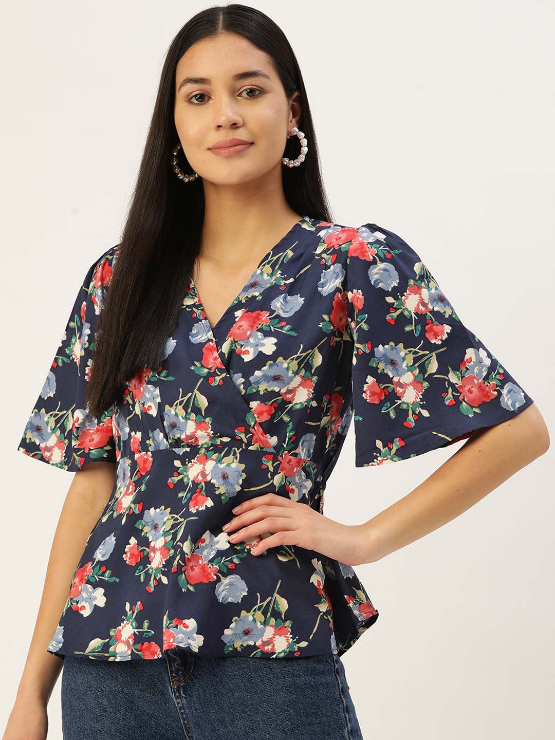 

ZIZO By Namrata Bajaj Floral Print Crepe Wrap Top, Navy blue