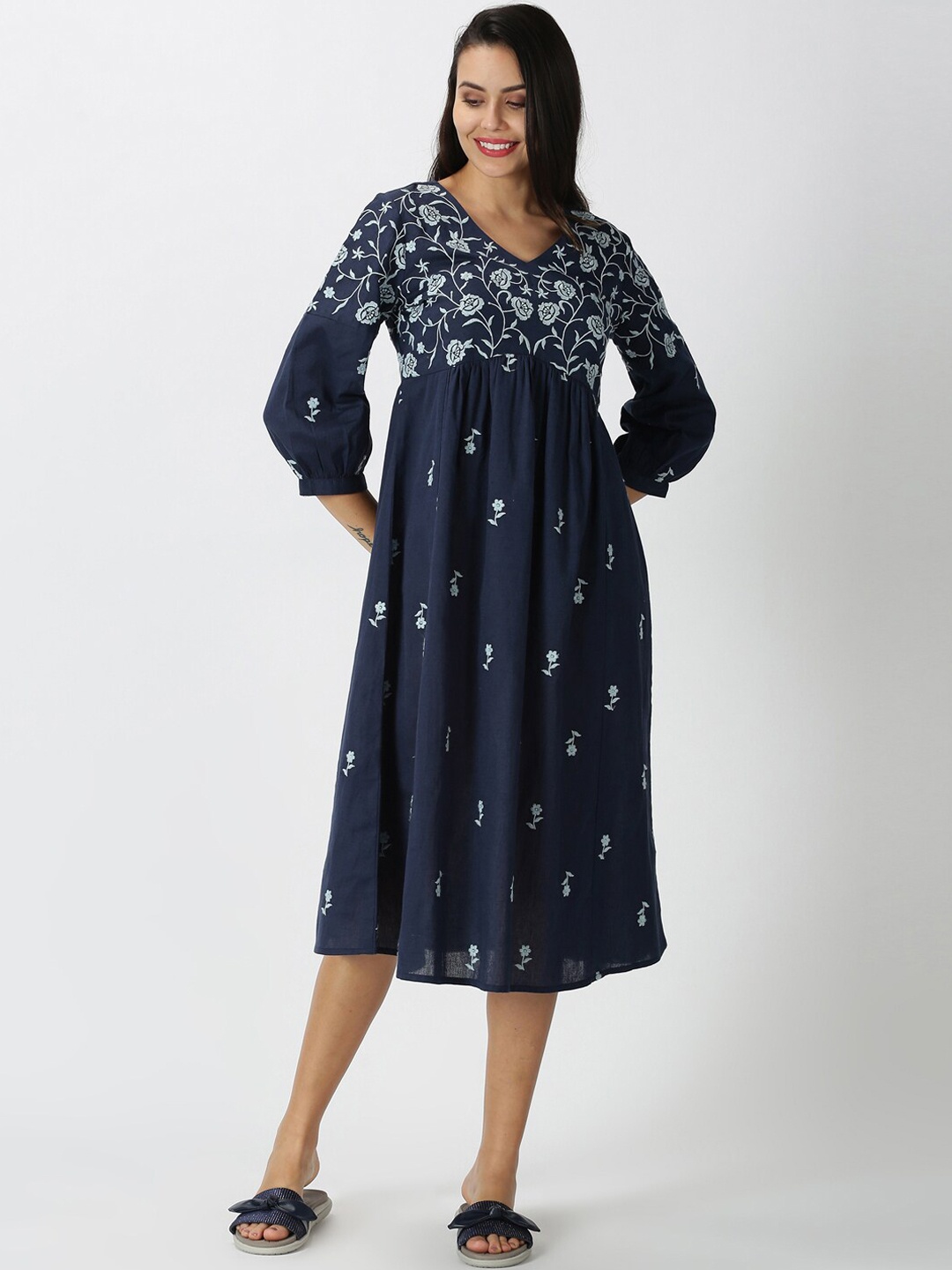 

Saffron Threads Women Bohemian Embroidered Midi Dress, Navy blue
