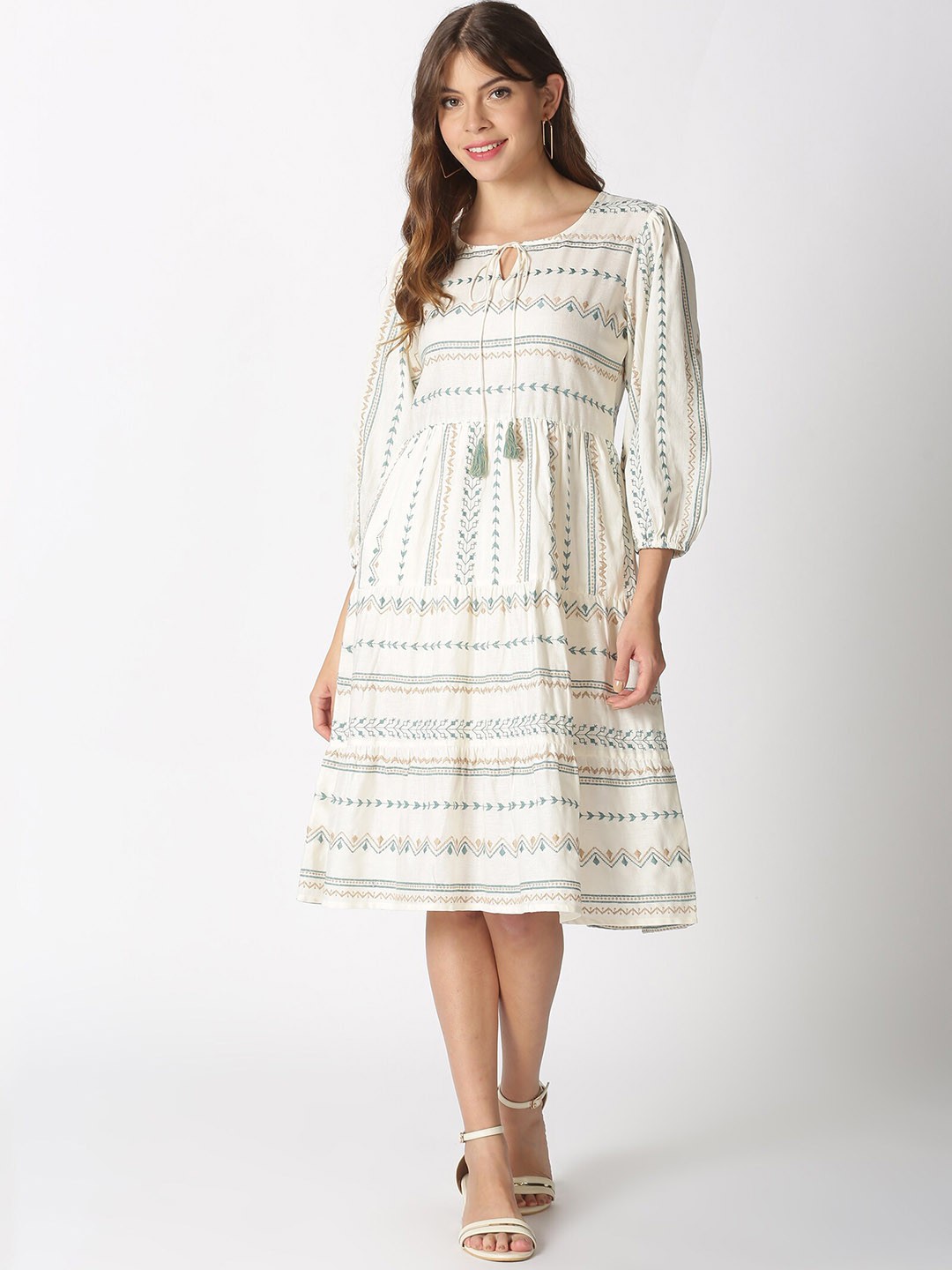 

Saffron Threads Women Bohemian Embroidered Ethnic Dresses, Off white