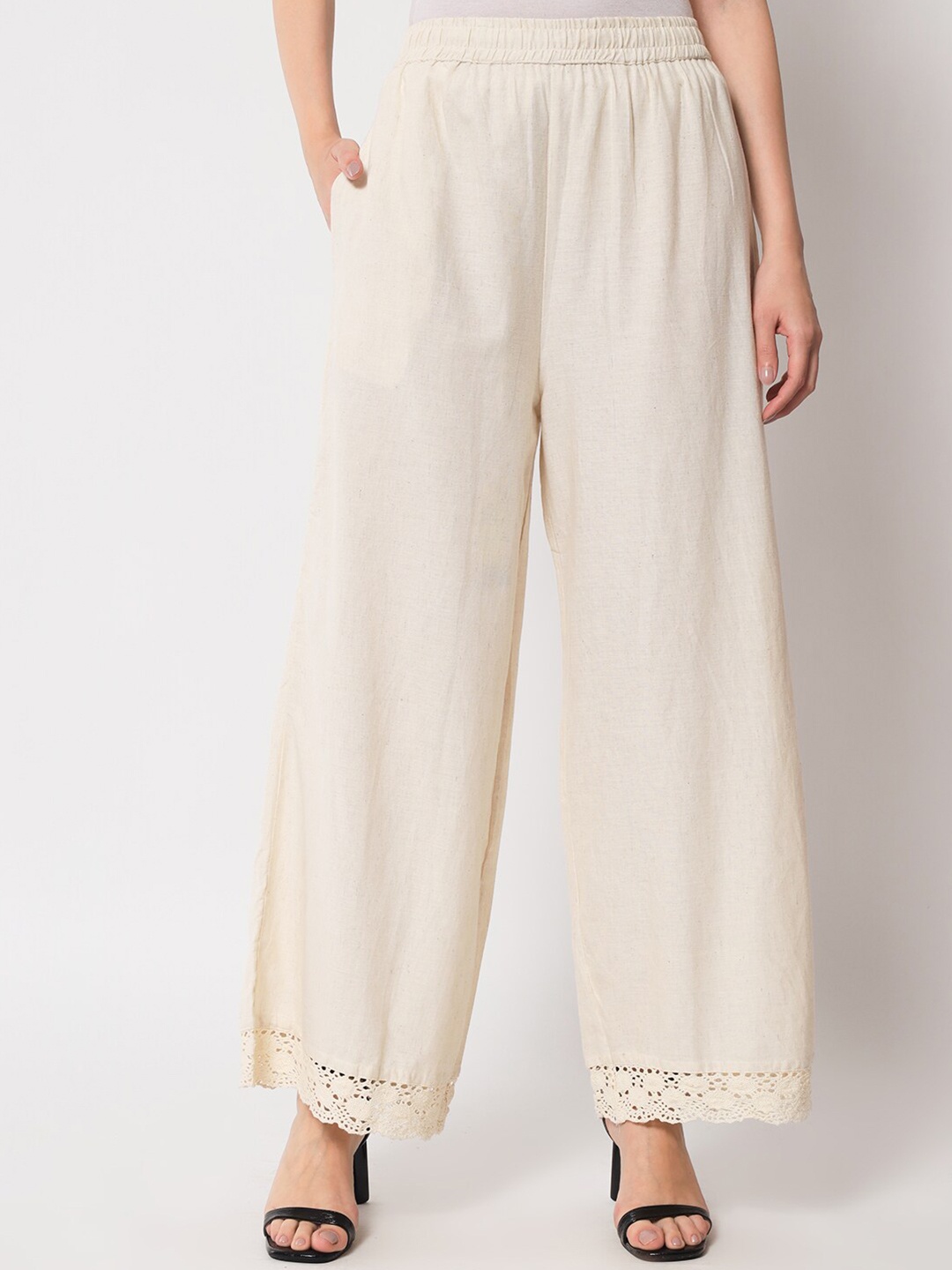 

Pistaa Women Flared Ethnic Cotton Palazzos, Cream