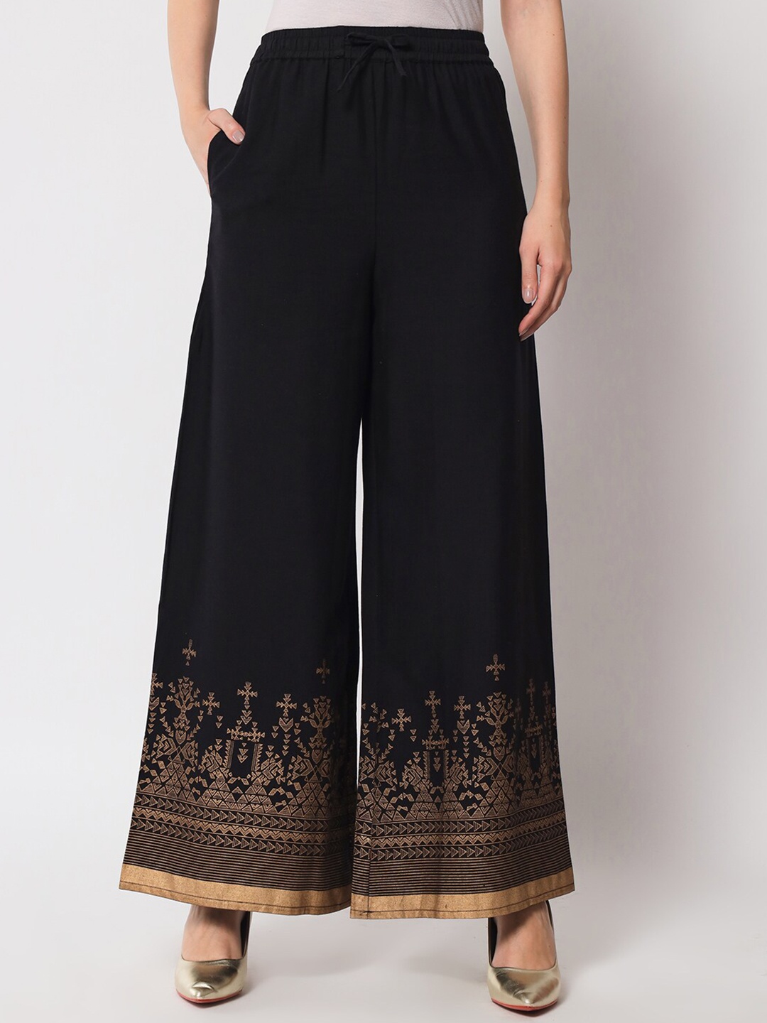 

Pistaa Women Printed Flared Ethnic Palazzos, Black