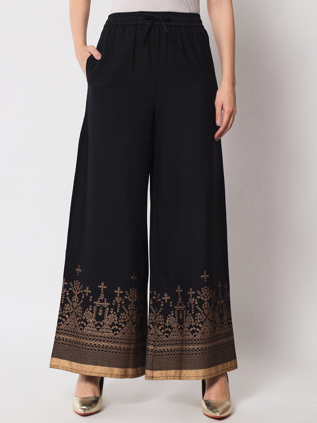 

Pistaa Women Printed Flared Cotton Ethnic Palazzos, Black
