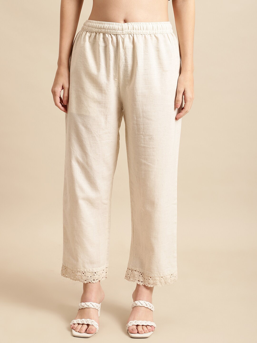 

Pistaa Women Cotton Ethnic Palazzos, Cream