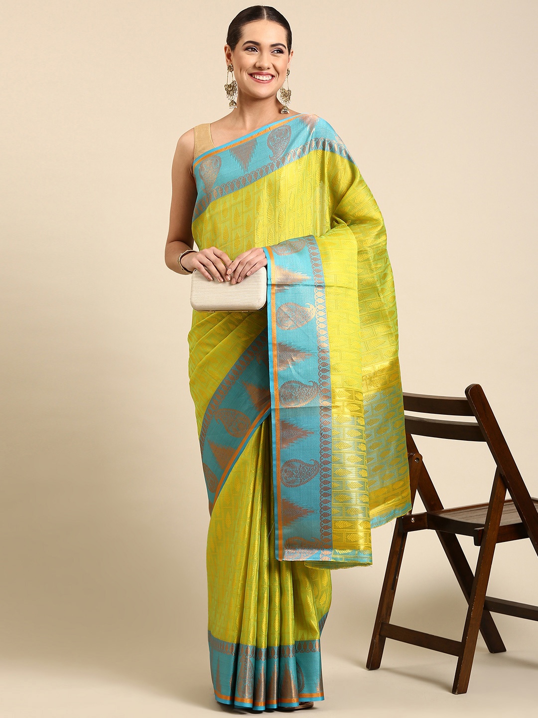 

Pothys Woven Design Ethnic Motifs Jute Silk Saree, Green