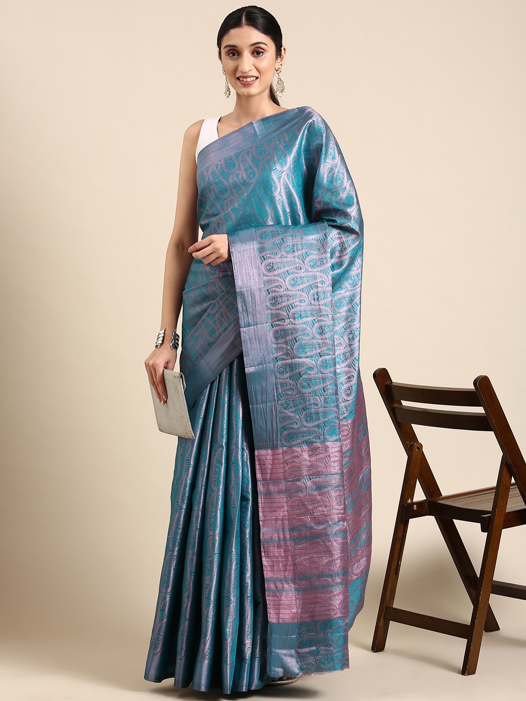 

Pothys Woven Design Paisley Jute Silk Saree, Blue