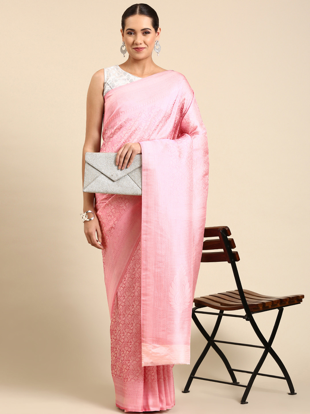 

Pothys Woven Design Floral Jute Silk Saree, Pink