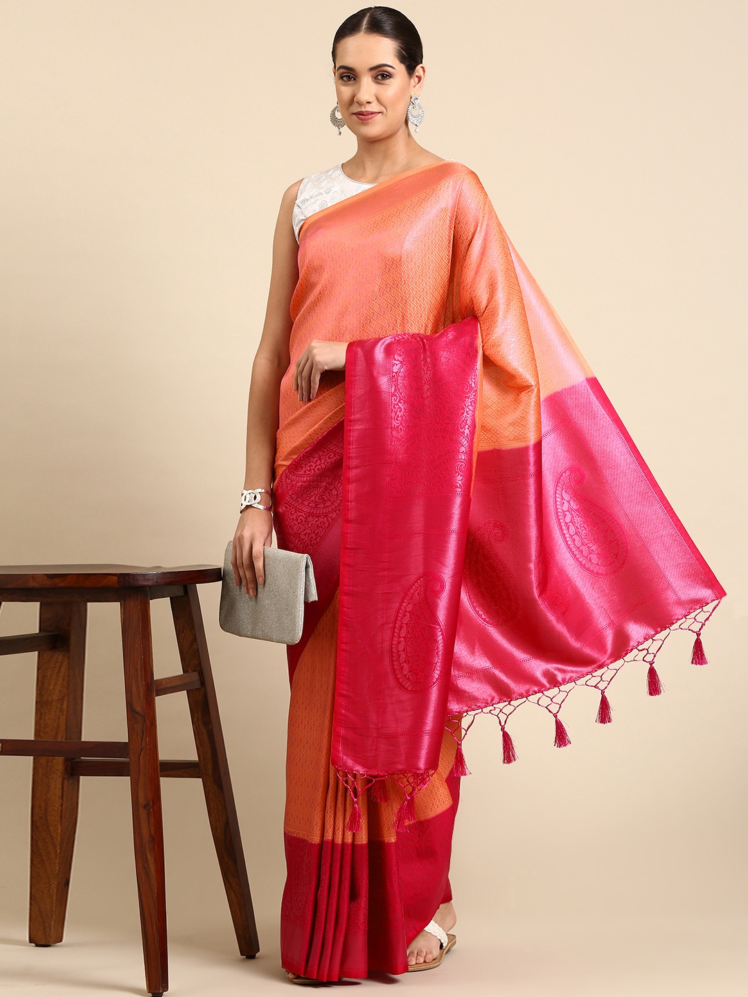 

Pothys Woven Design Paisley Art Silk Banarasi Saree, Coral