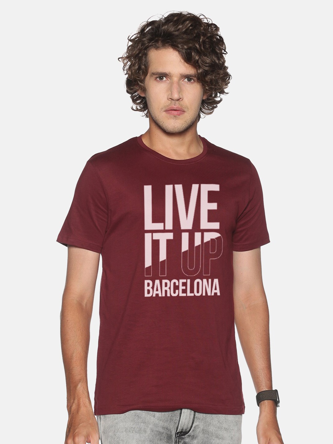 

BLACK RADIO Men Typography Printed Slim Fit Cotton T-shirt, Maroon