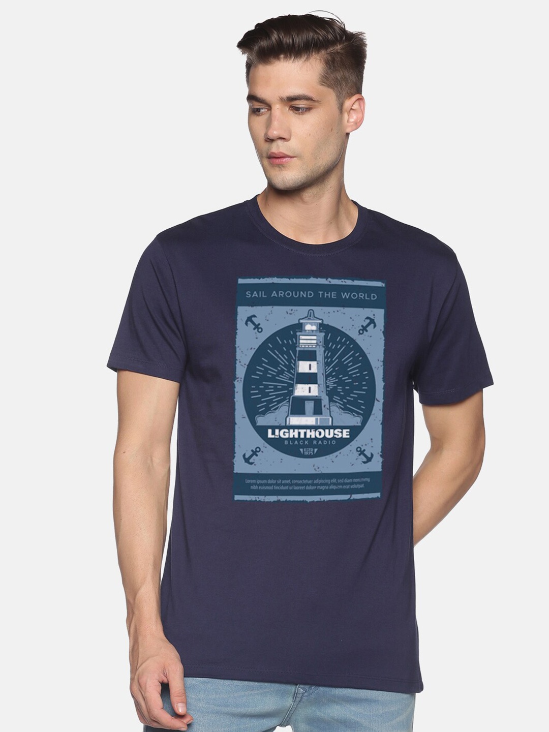 

BLACK RADIO Men Printed Slim Fit Cotton T-shirt, Navy blue