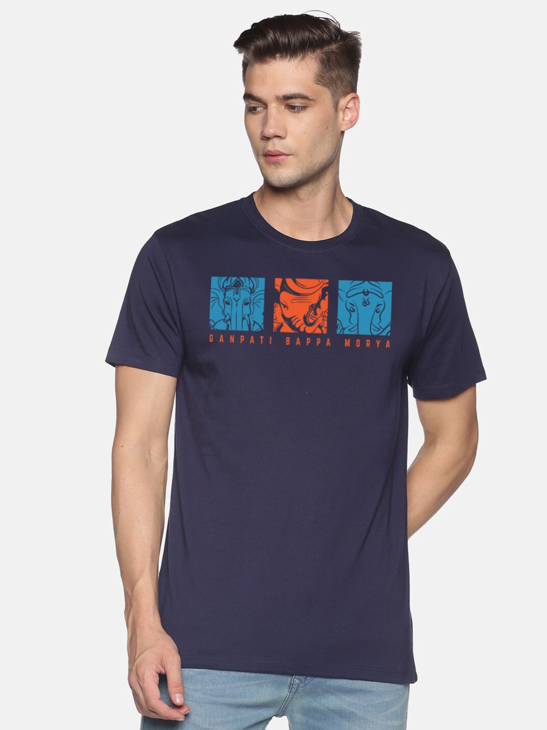 

BLACK RADIO Men Printed Slim Fit Cotton T-shirt, Navy blue
