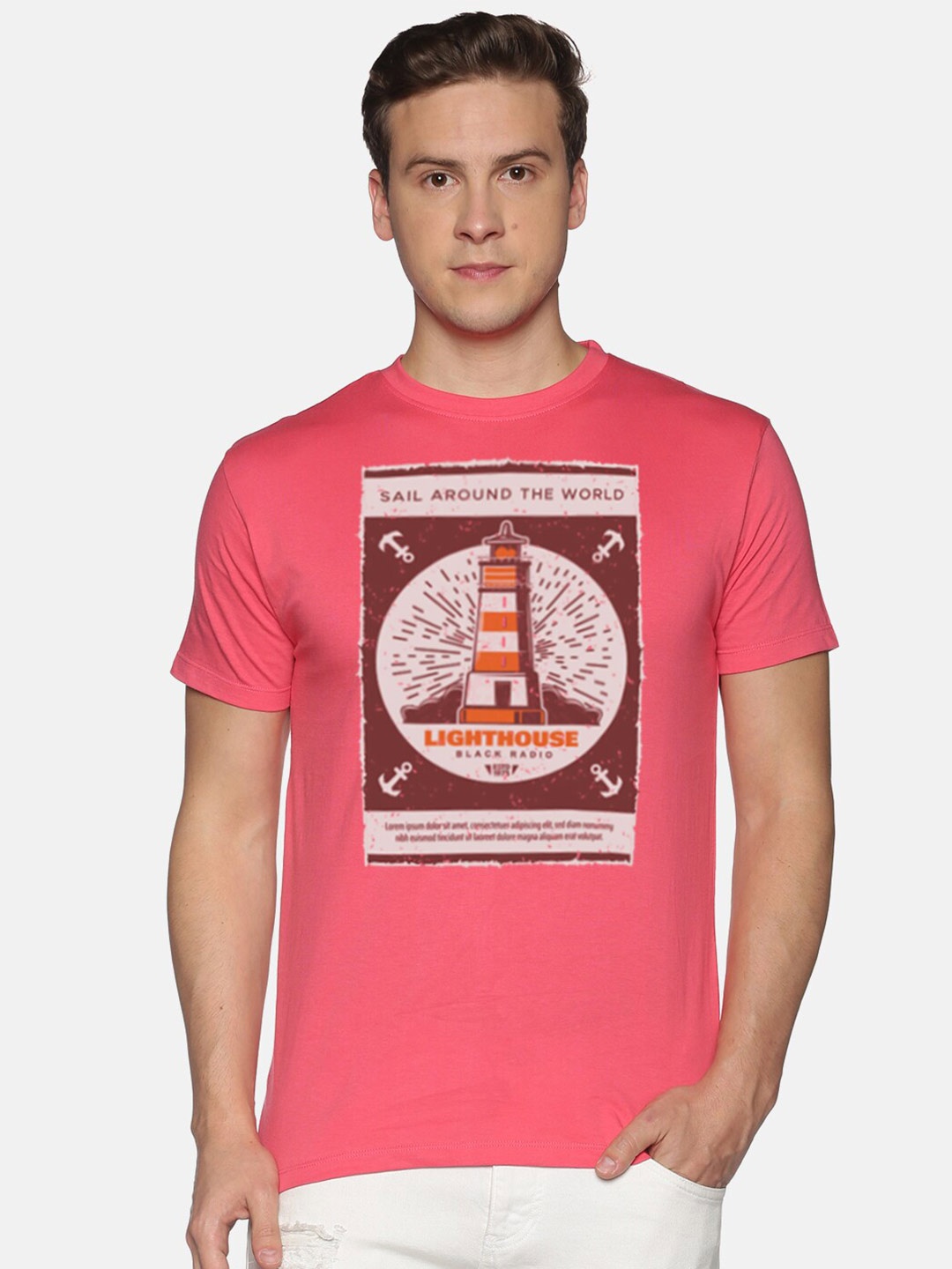 

BLACK RADIO Men Printed Slim Fit Cotton T-shirt, Pink