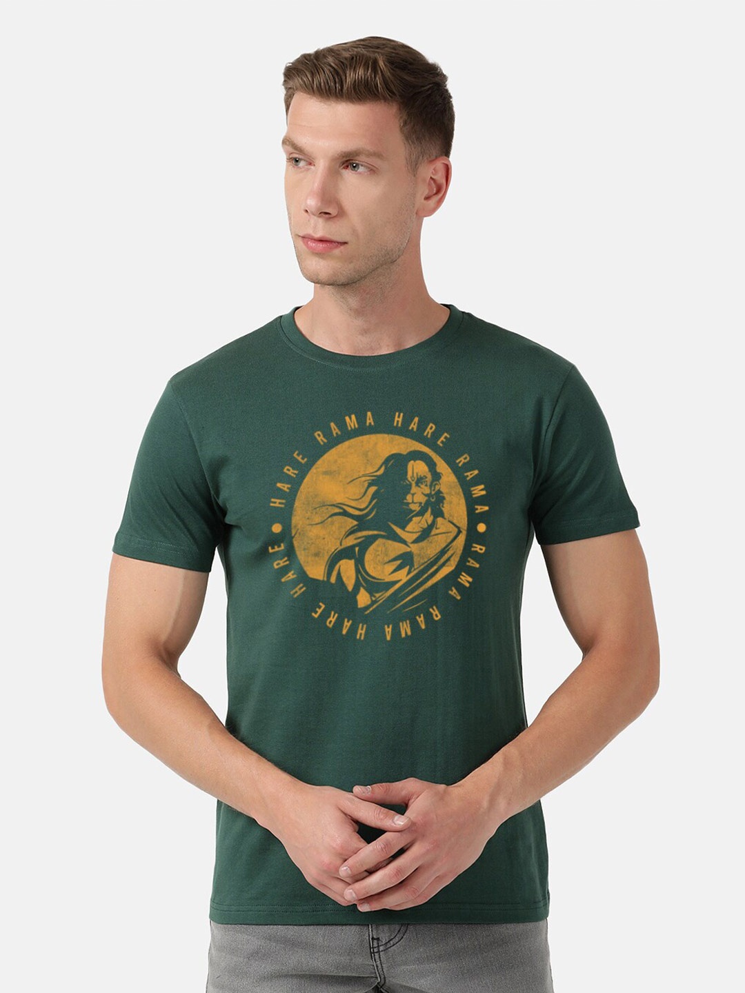 

BLACK RADIO Men Printed Round Neck Cotton T shirt, Olive