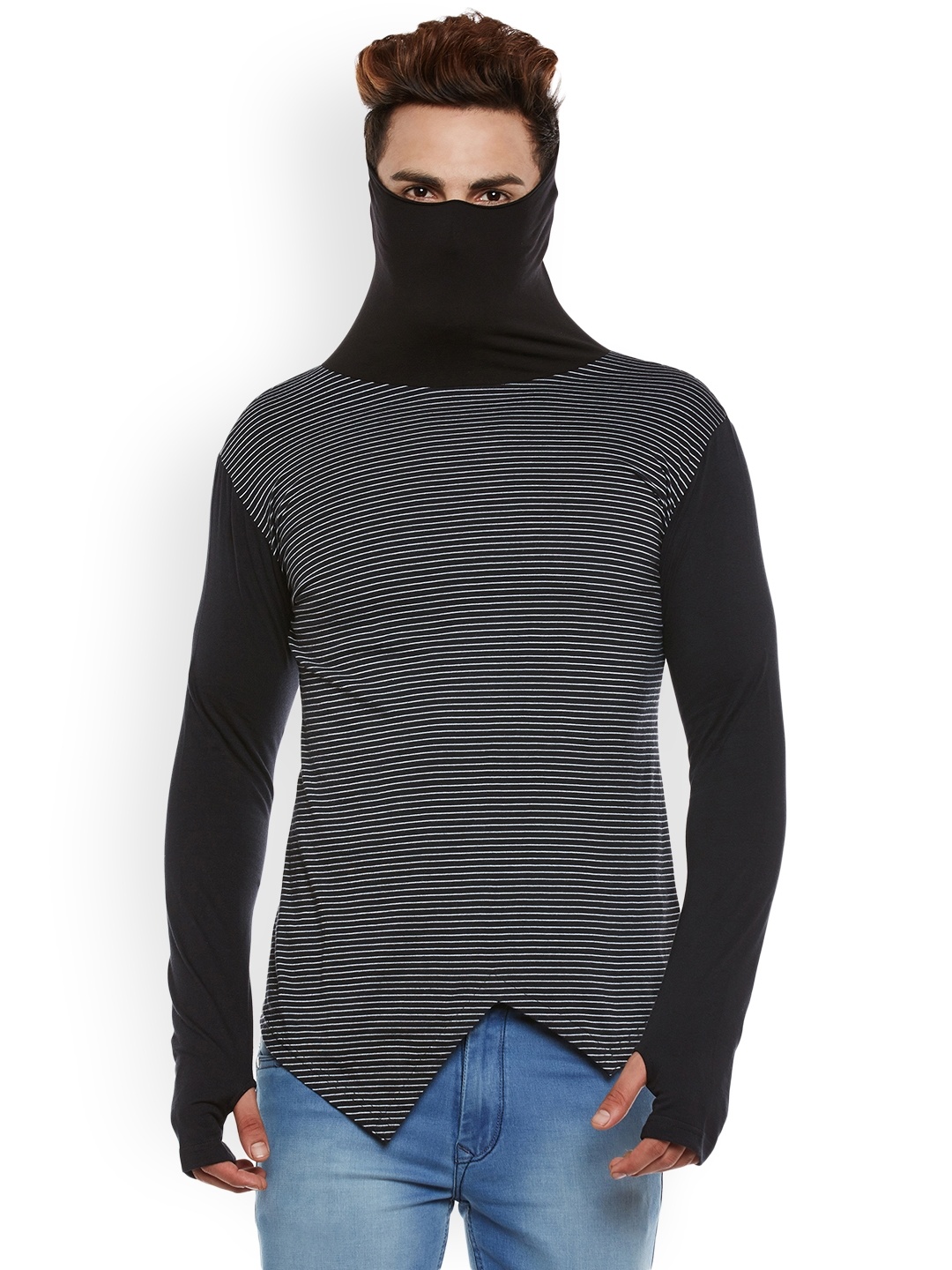 

Hypernation Men Black Striped High Neck T-shirt with Inbuilt Gloves