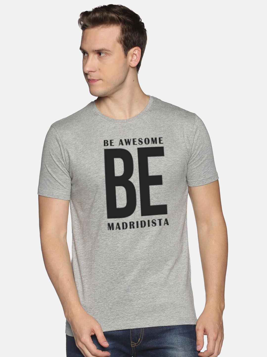 

BLACK RADIO Men Printed Round Neck Cotton T shirt, Grey