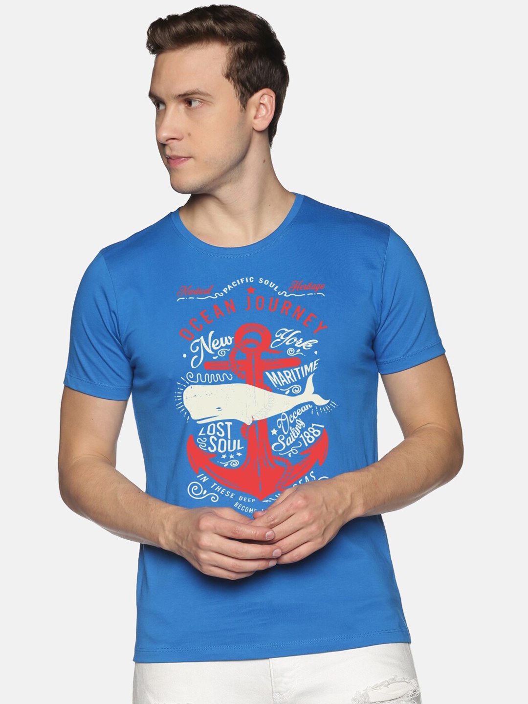 

BLACK RADIO Men Printed Round Neck Cotton T shirt, Blue