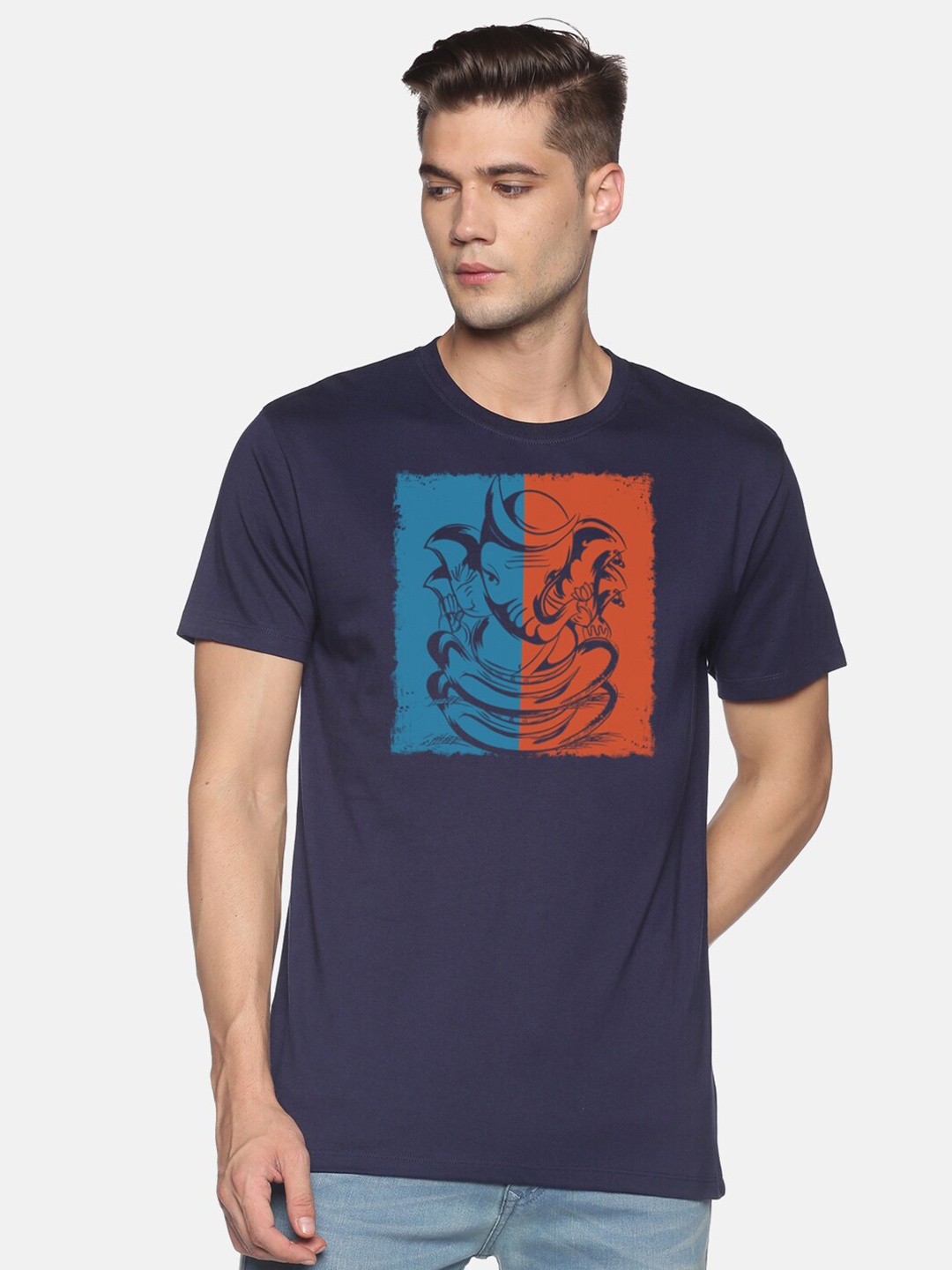 

BLACK RADIO Men Printed Round Neck Cotton T shirt, Navy blue