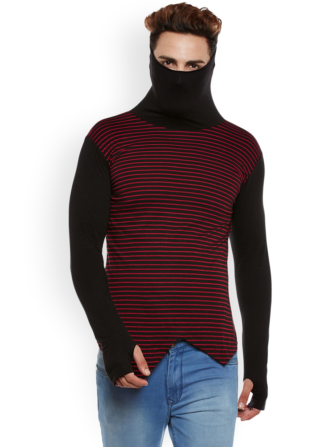 

Hypernation Men Red & Black Striped High Neck T-shirt