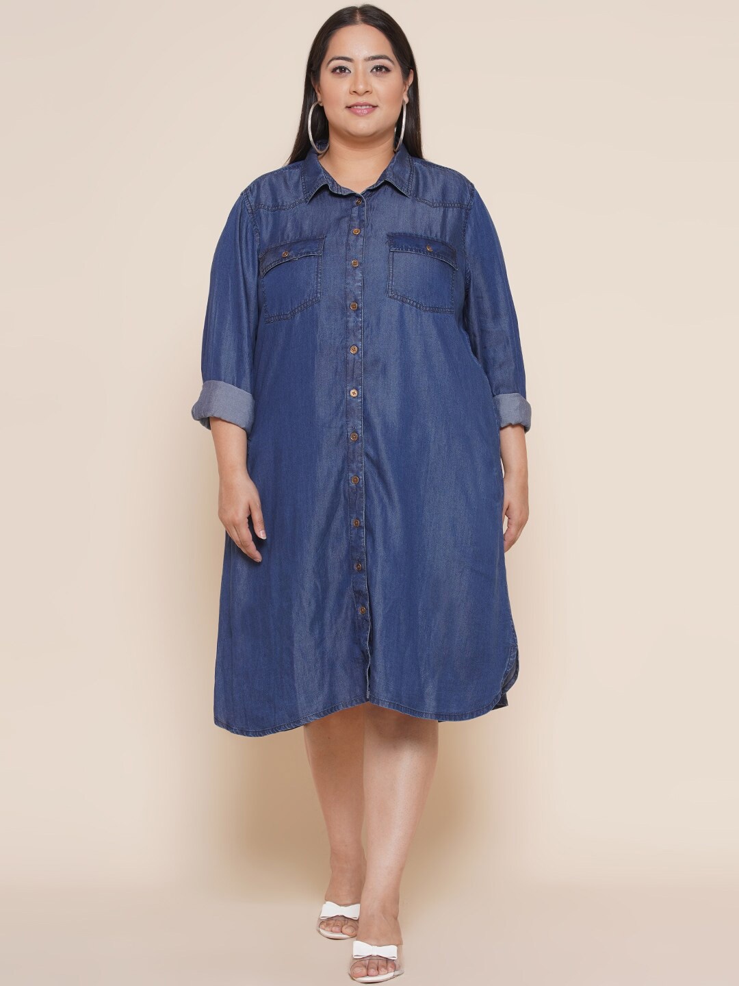 

Kiaahvi by JOHN PRIDE Plus Size Denim Shirt Midi Dress, Navy blue