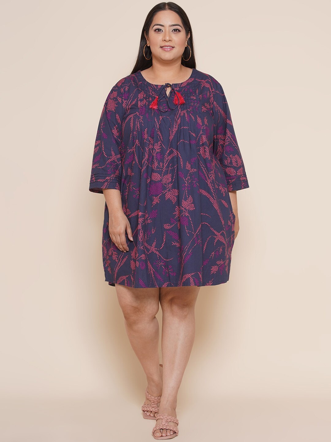 

Kiaahvi by JOHN PRIDE Plus Size Floral Tie-Up Neck A-Line Cotton Dress, Navy blue