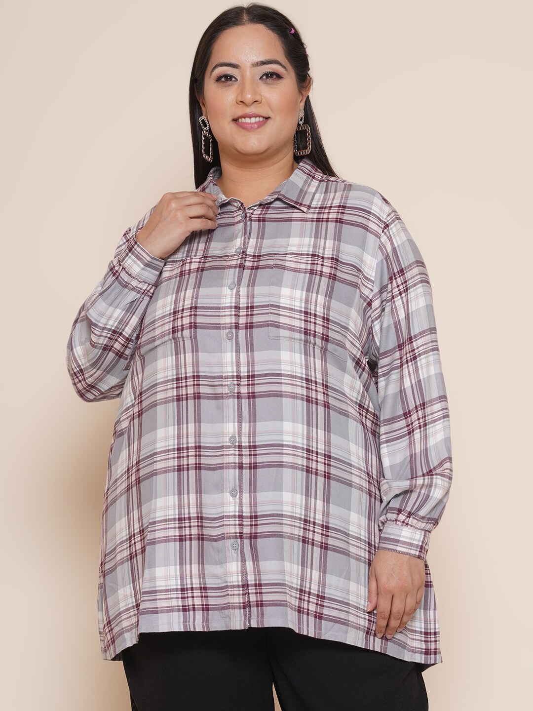 

Kiaahvi by JOHN PRIDE Women White Tartan Checked Plus Size Casual Shirt