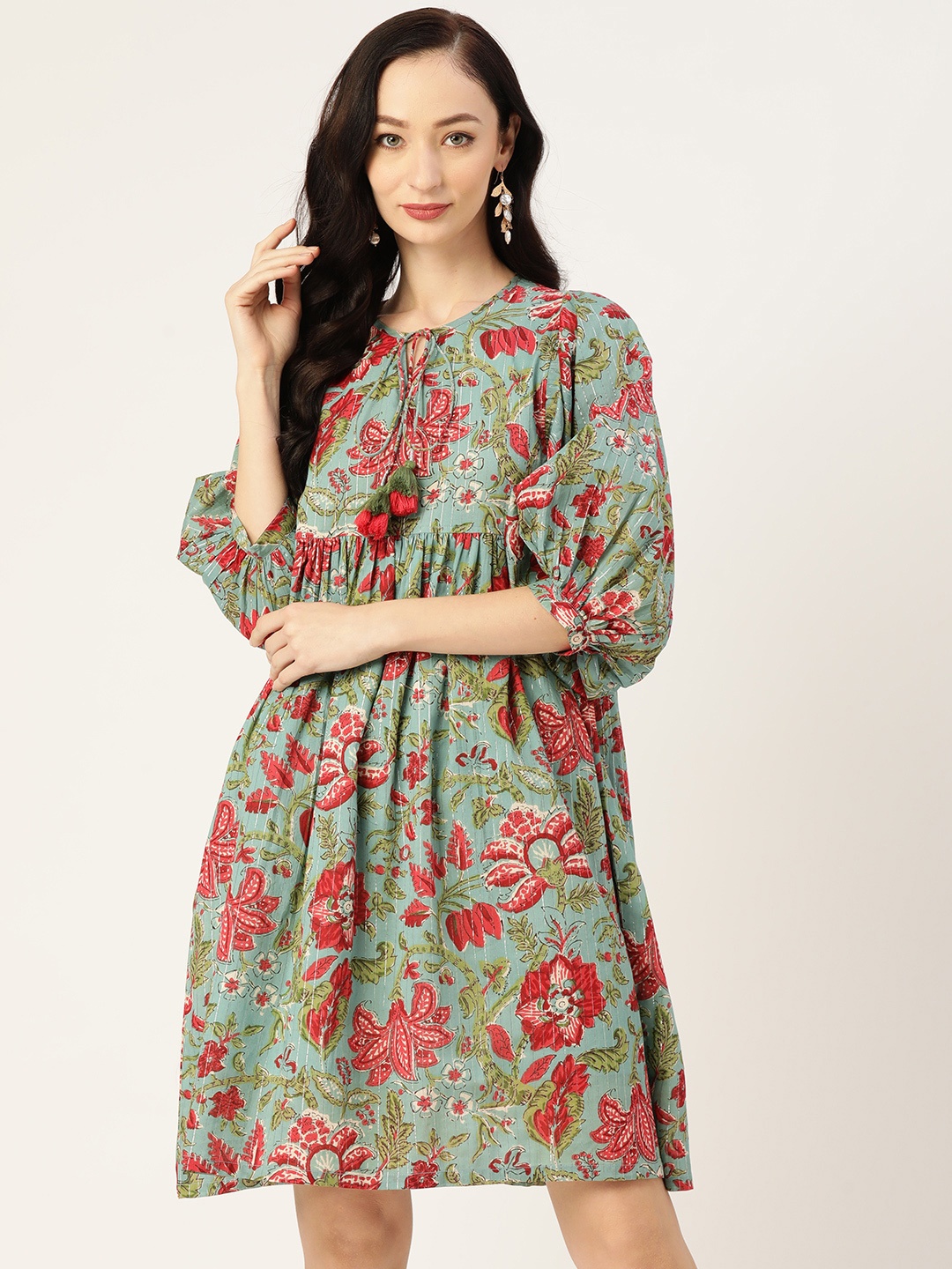 

Jaipur Morni Floral Print Gathered Detail Pure Cotton A-Line Dress, Green