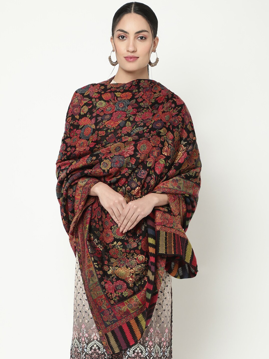 

La Vastraa Women Woven Design Woolen Shawl, Black