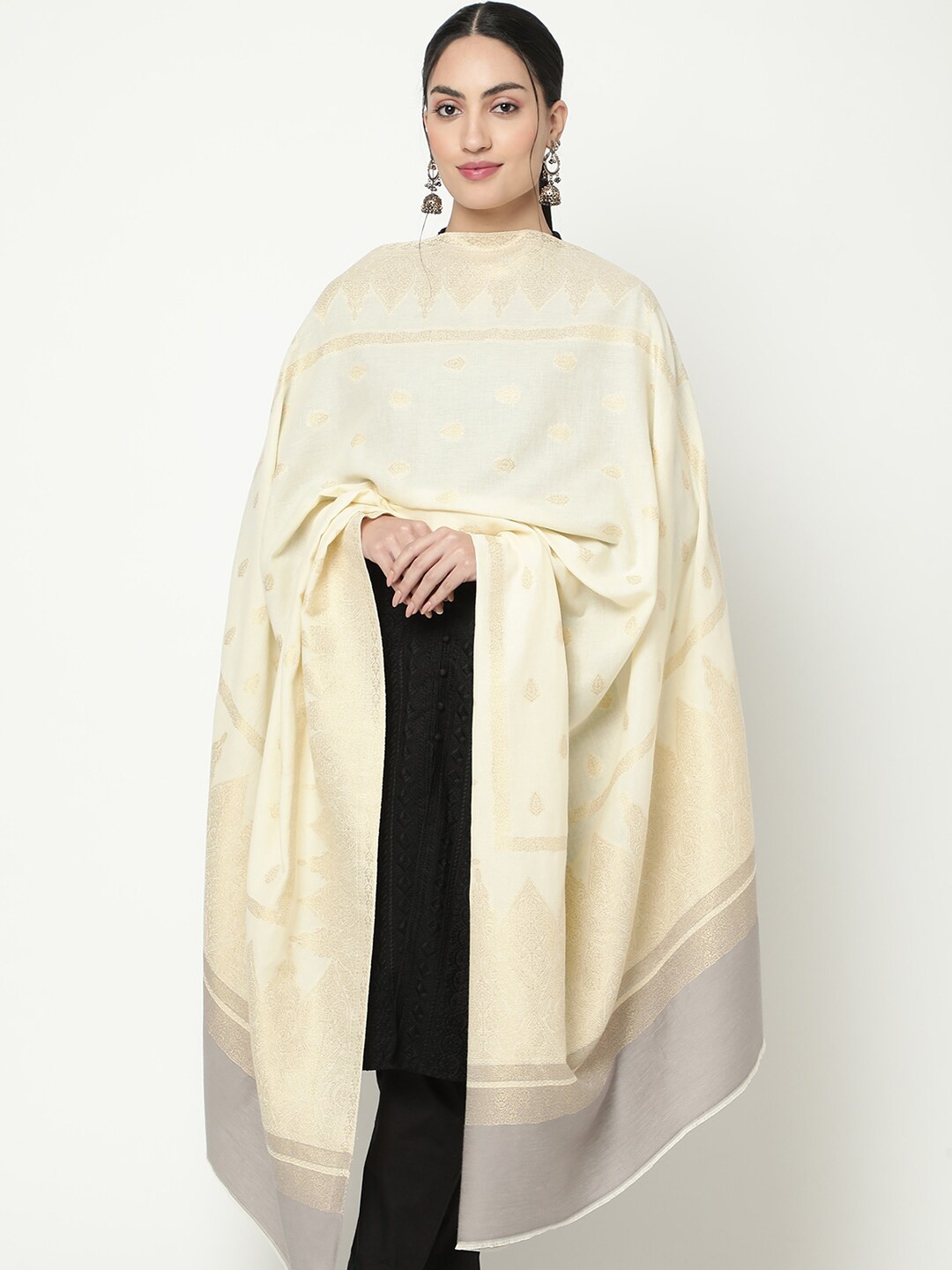 

La Vastraa Woven-Design Woolen Shawl, White