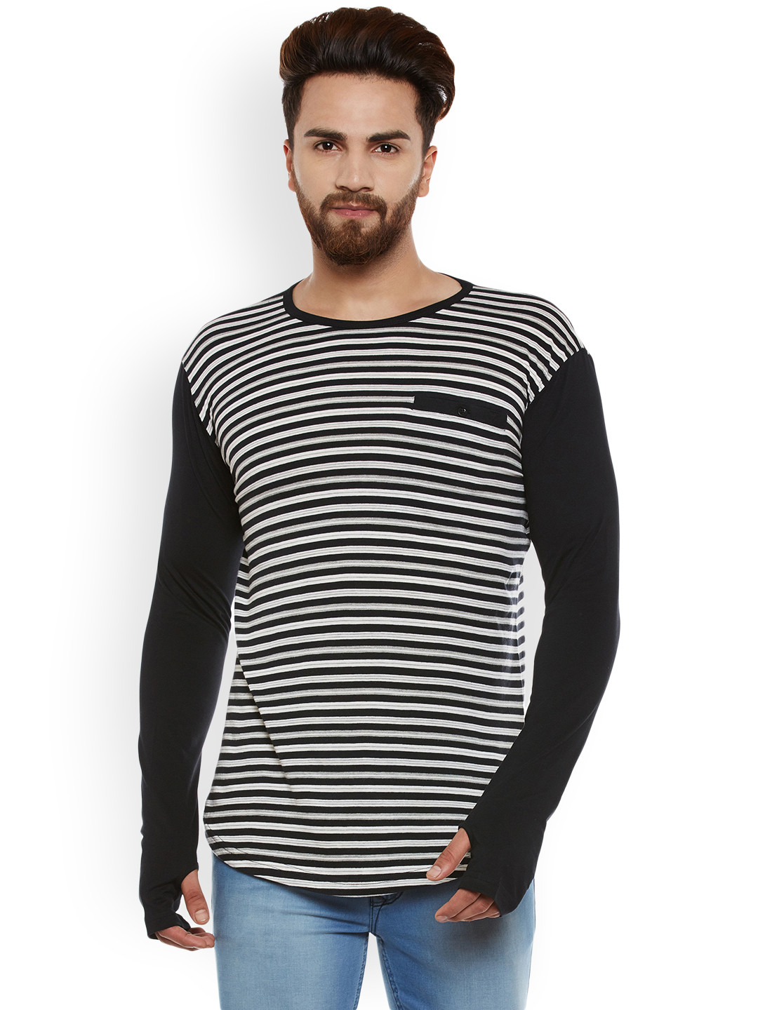 

Hypernation Men Black & White Striped Round Neck T-shirt