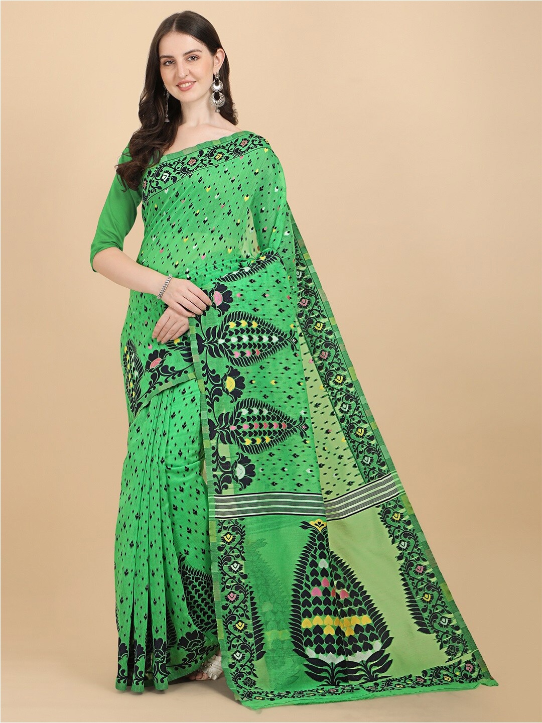 

Naishu Trendz Floral Pure Silk Kanjeevaram Saree, Green