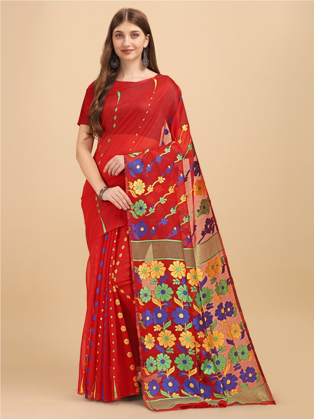 

Naishu Trendz Floral Pure Silk Kanjeevaram Saree, Red