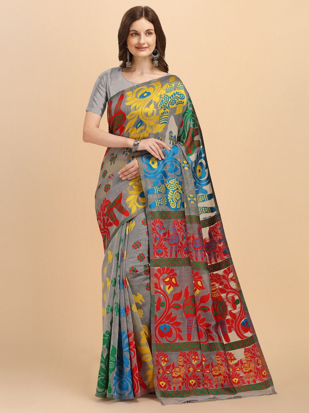 

Naishu Trendz Floral Pure Silk Kanjeevaram Saree, Grey
