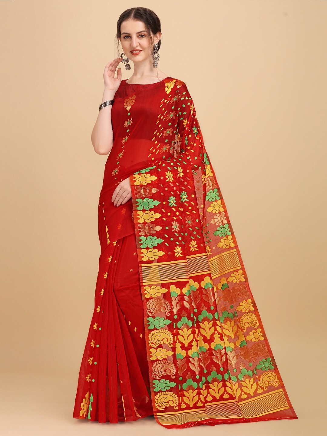 

Naishu Trendz Floral Pure Silk Kanjeevaram Saree, Red