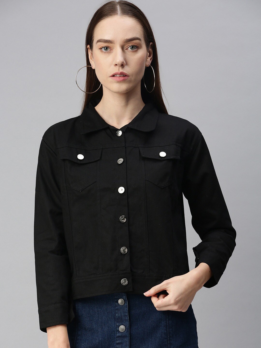 

VOXATI Women Denim Jacket with Patchwork, Black