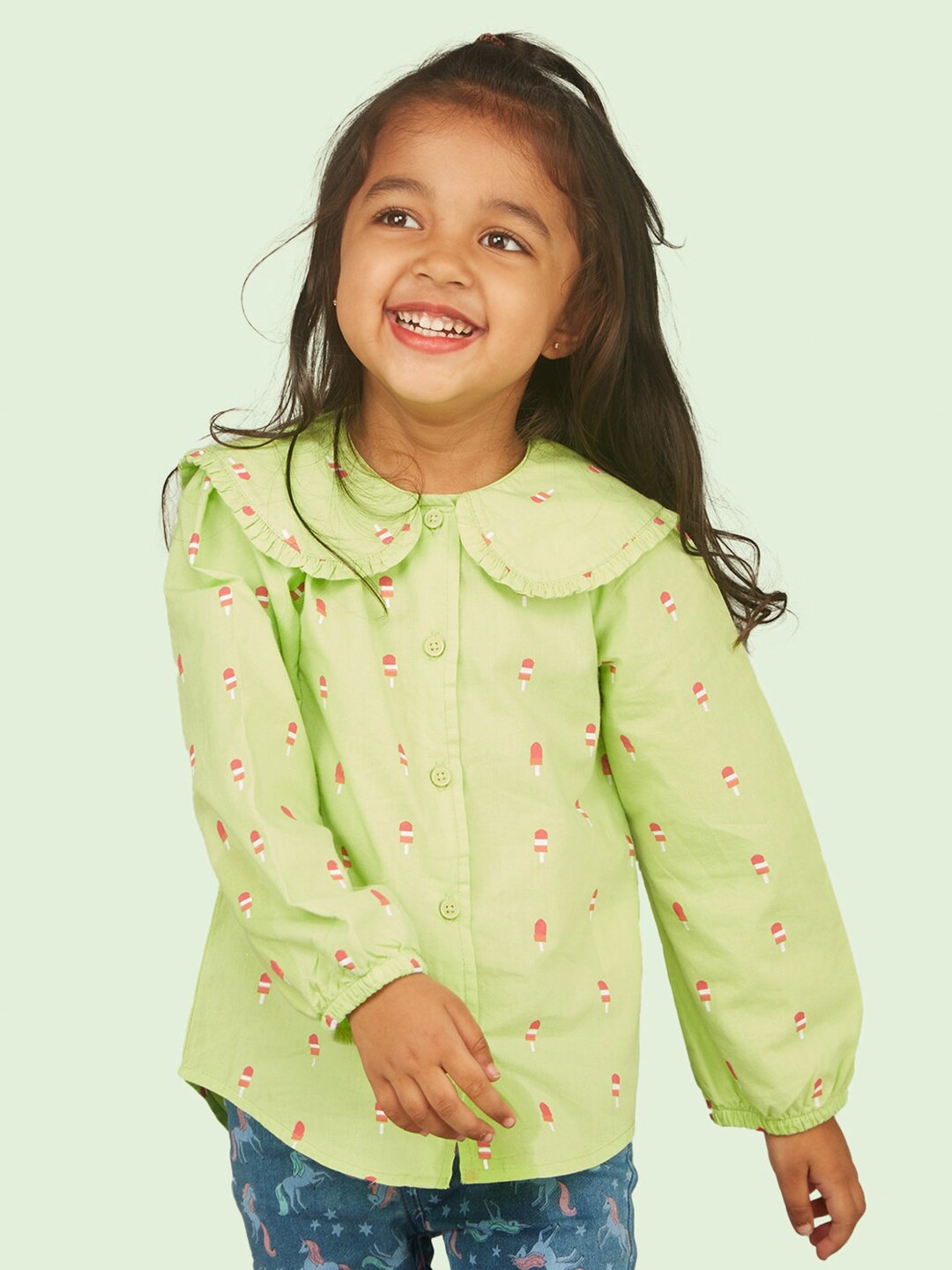 

Zalio Printed Peter Pan Collar Shirt Style Top, Lime green