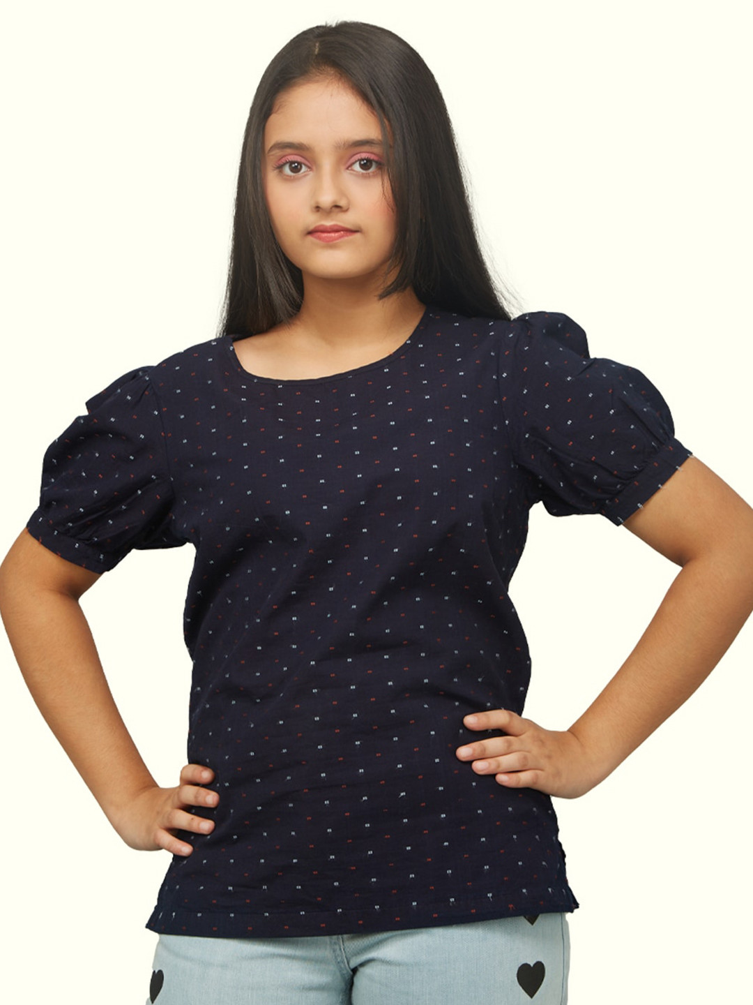 

Zalio Girls Polka Dot Cotton Printed Top, Navy blue