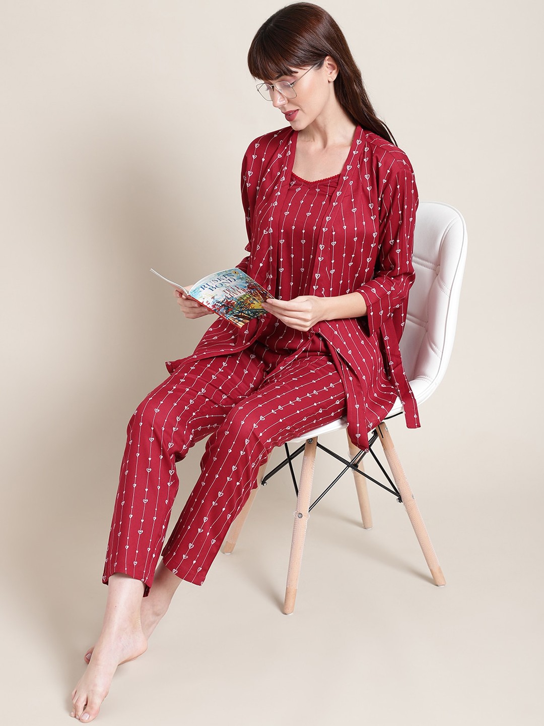 

ETC Women Printed 3 Piece Night suit, Maroon
