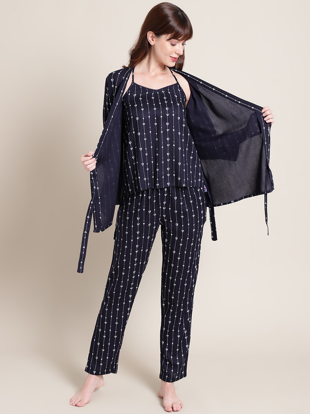 

ETC Women Printed 3 Piece Night suit, Navy blue