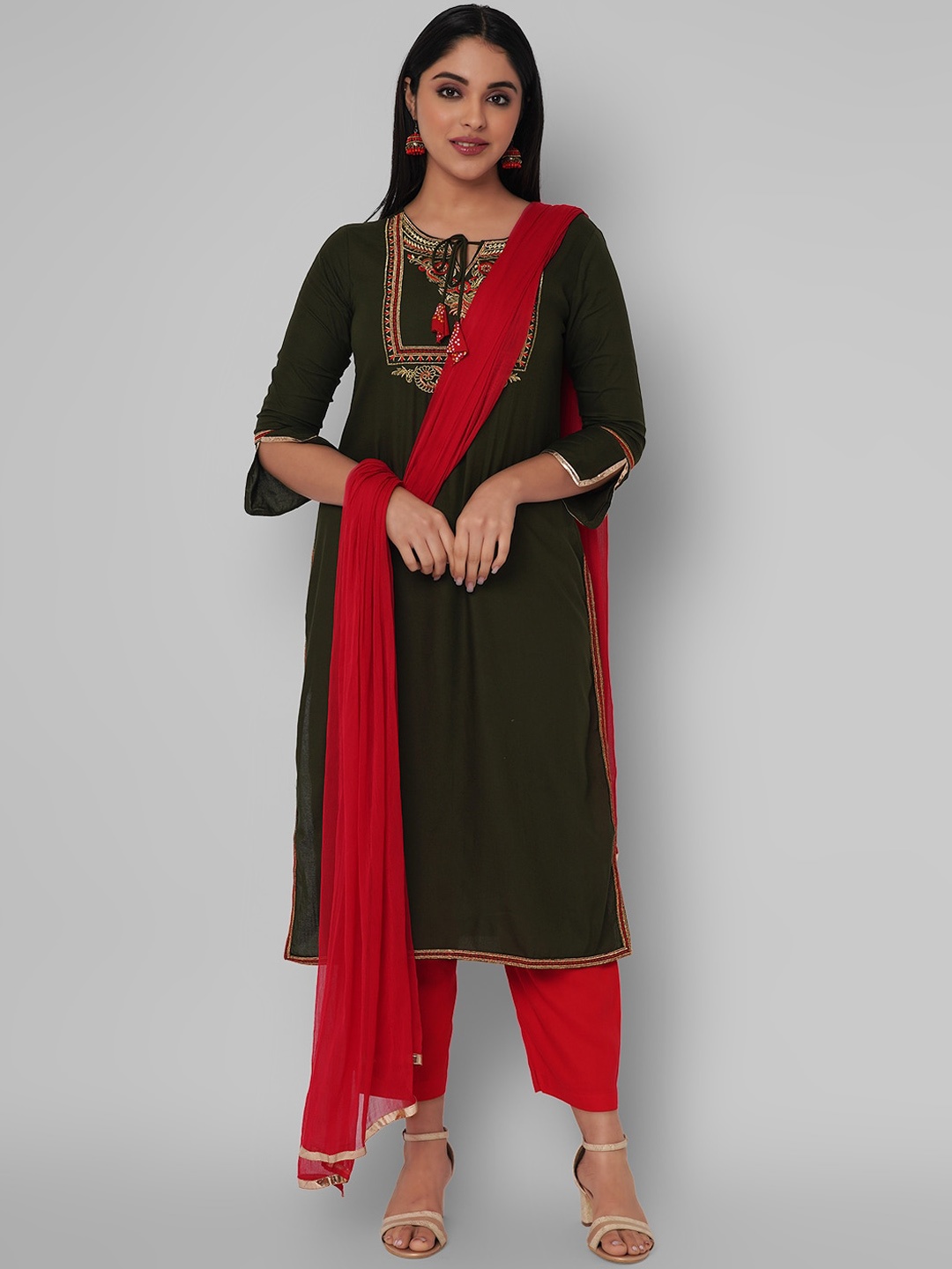 

KALINI Floral Embroidered Tie-Up Neck Kurta with Trousers & Dupatta, Green