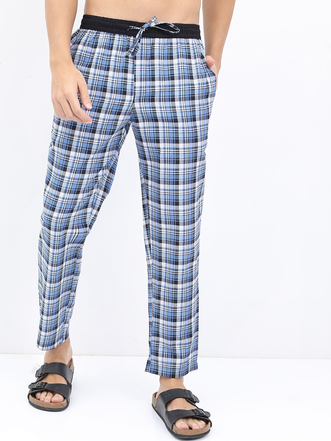 

HIGHLANDER Men Checked Mid-Rise Lounge Pants, Turquoise blue