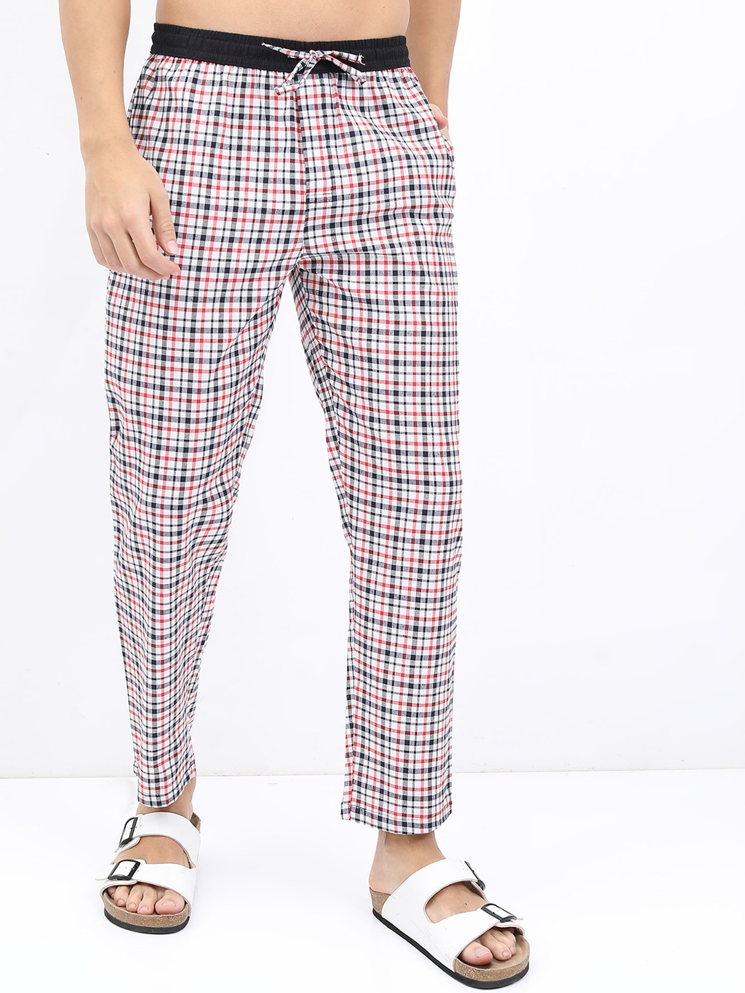 

HIGHLANDER Men Checked Mid-Rise Lounge Pants, White