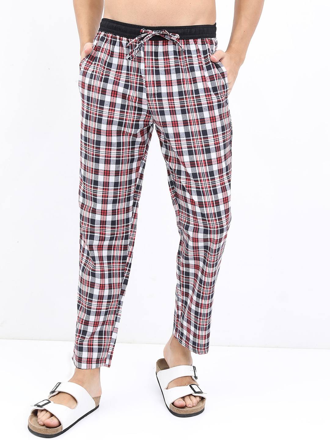 

HIGHLANDER Men Checked Mid-Rise Lounge Pants, White