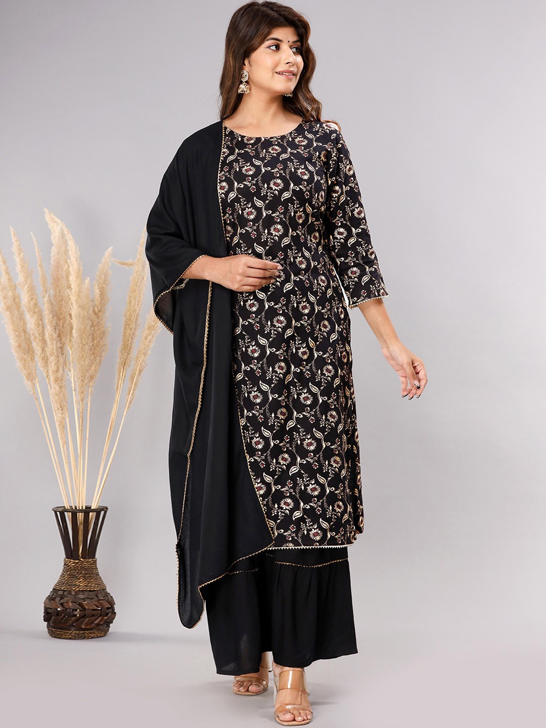 

Shedika Floral Printed Round Neck Kurta with Sharara & Dupatta, Black