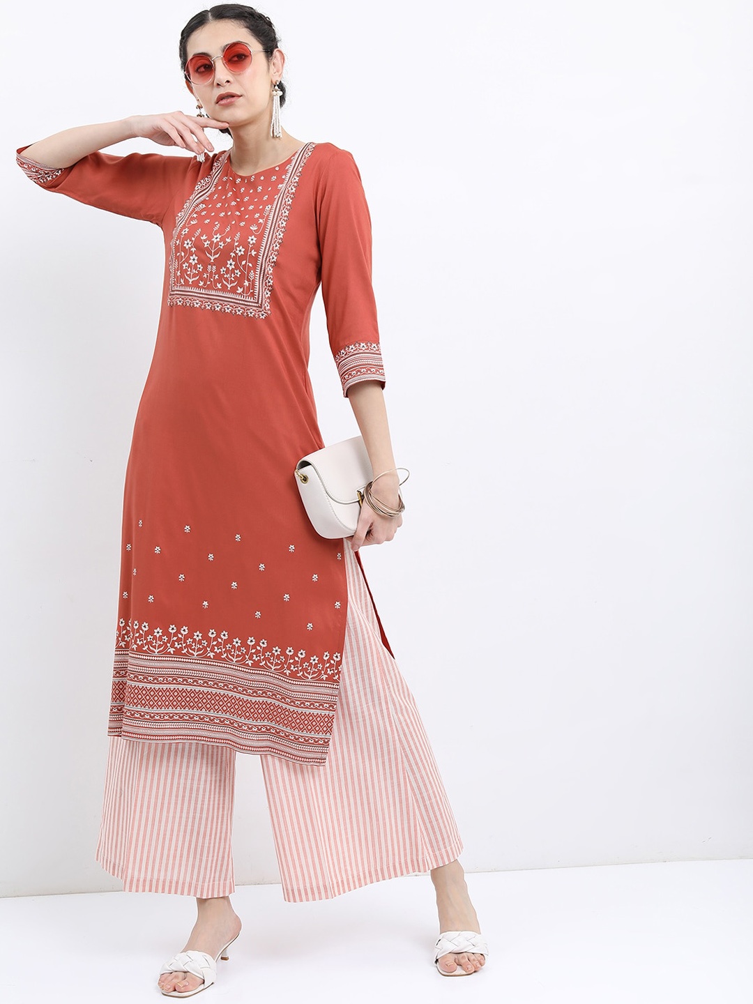 

Vishudh Floral Printed Round Neck Kurta with Palazzos, Rust