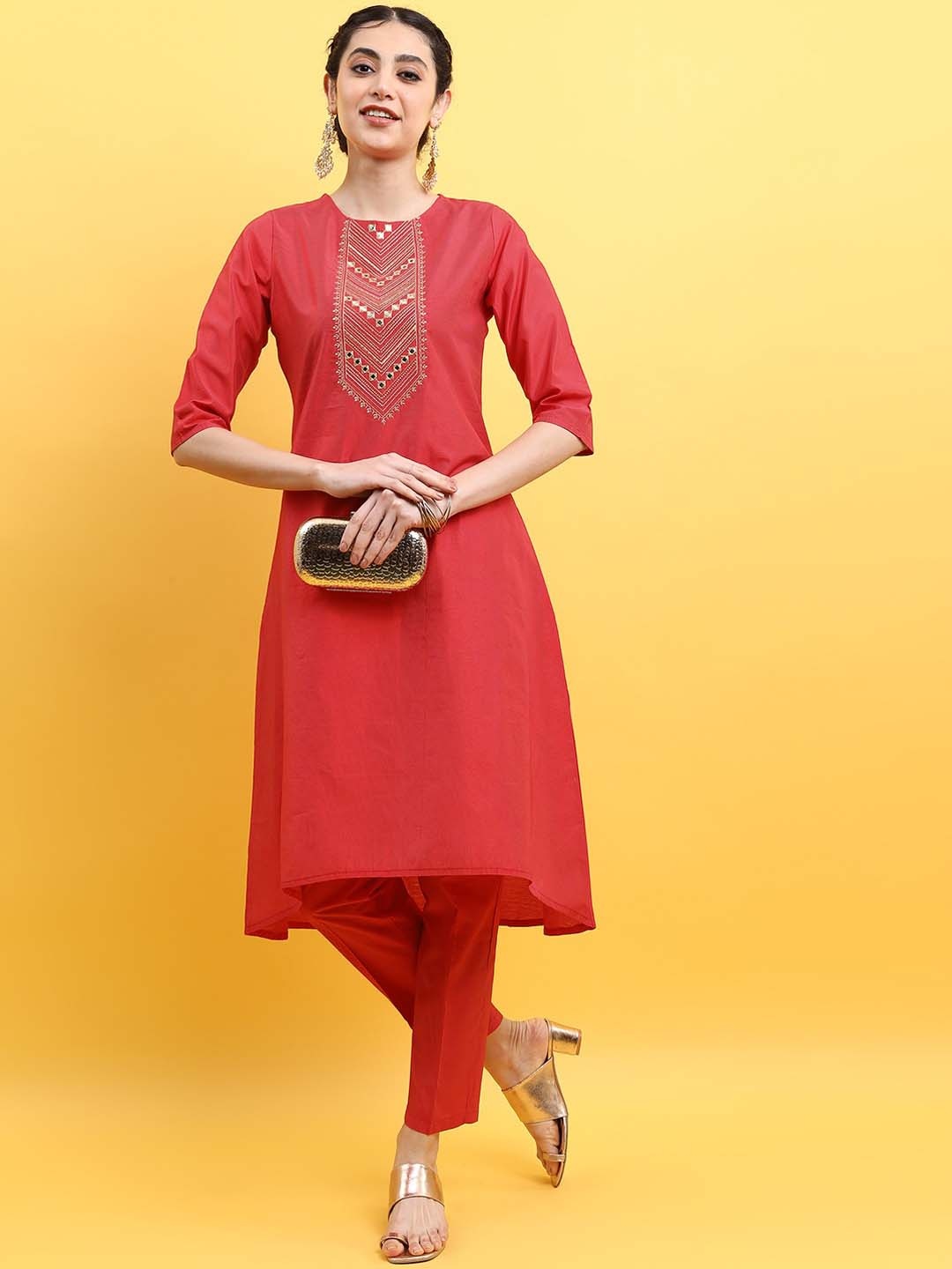 

Vishudh Yoke Design Mirror Work Round Neck Kurta with Trousers, Red