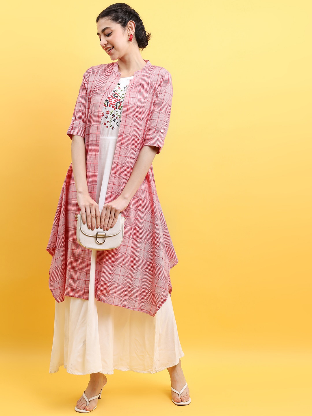 

Vishudh Checked Maxi Dress With Long Line Jacket, Pink