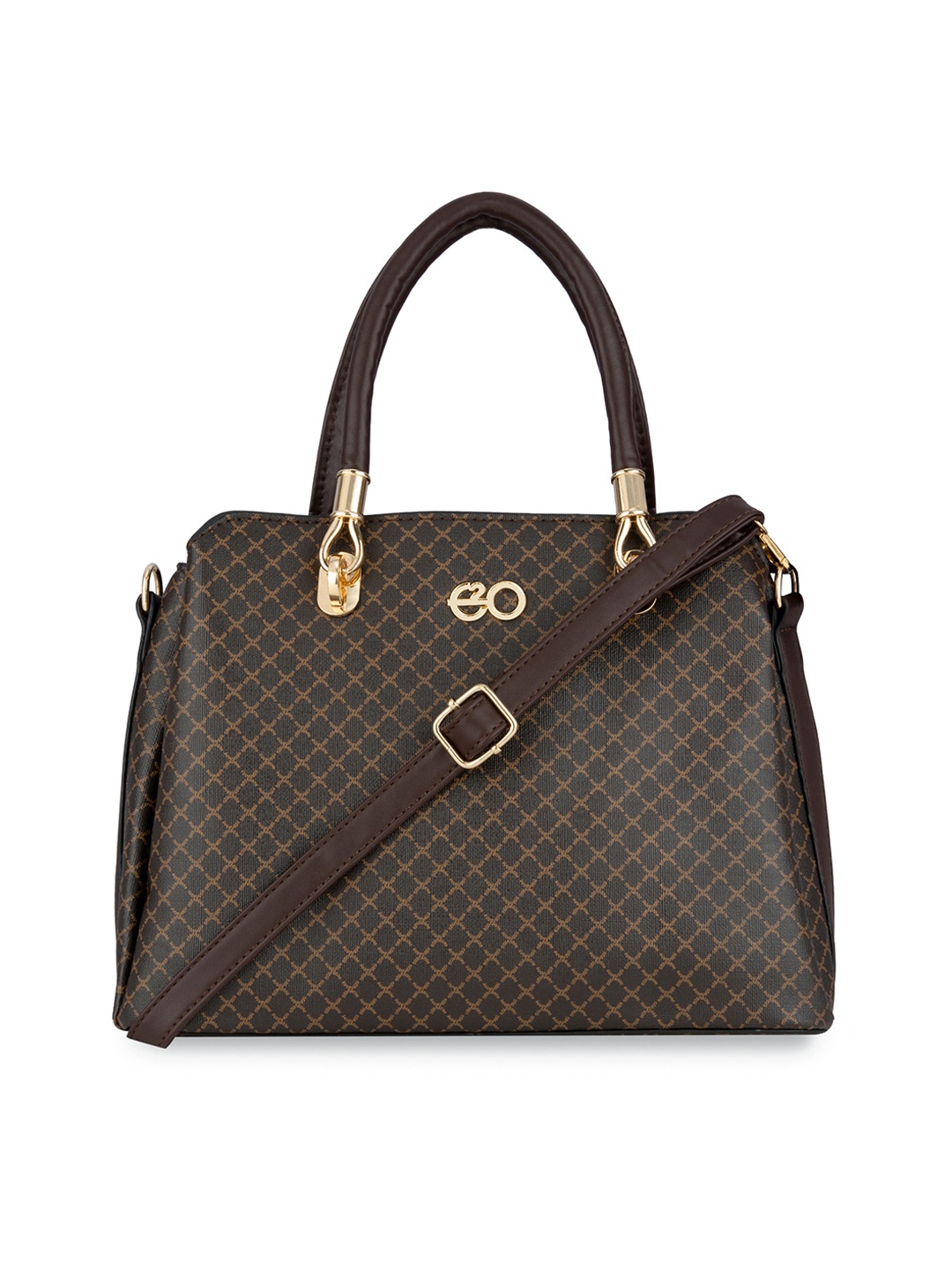 

E2O Checked Printed PU Structured Handheld Bag, Brown