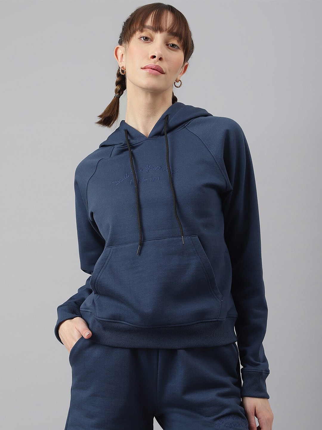

Fitkin Women Blue Regular Fit Fleece Hooded Sweatshirt, Navy blue
