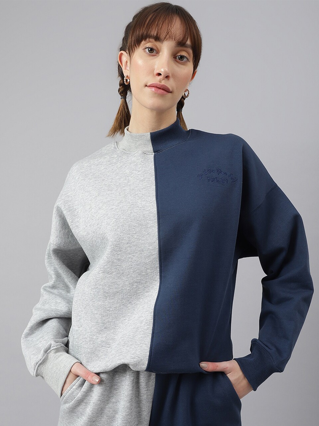 

Fitkin Women Grey & Blue Colourblocked Sweatshirt