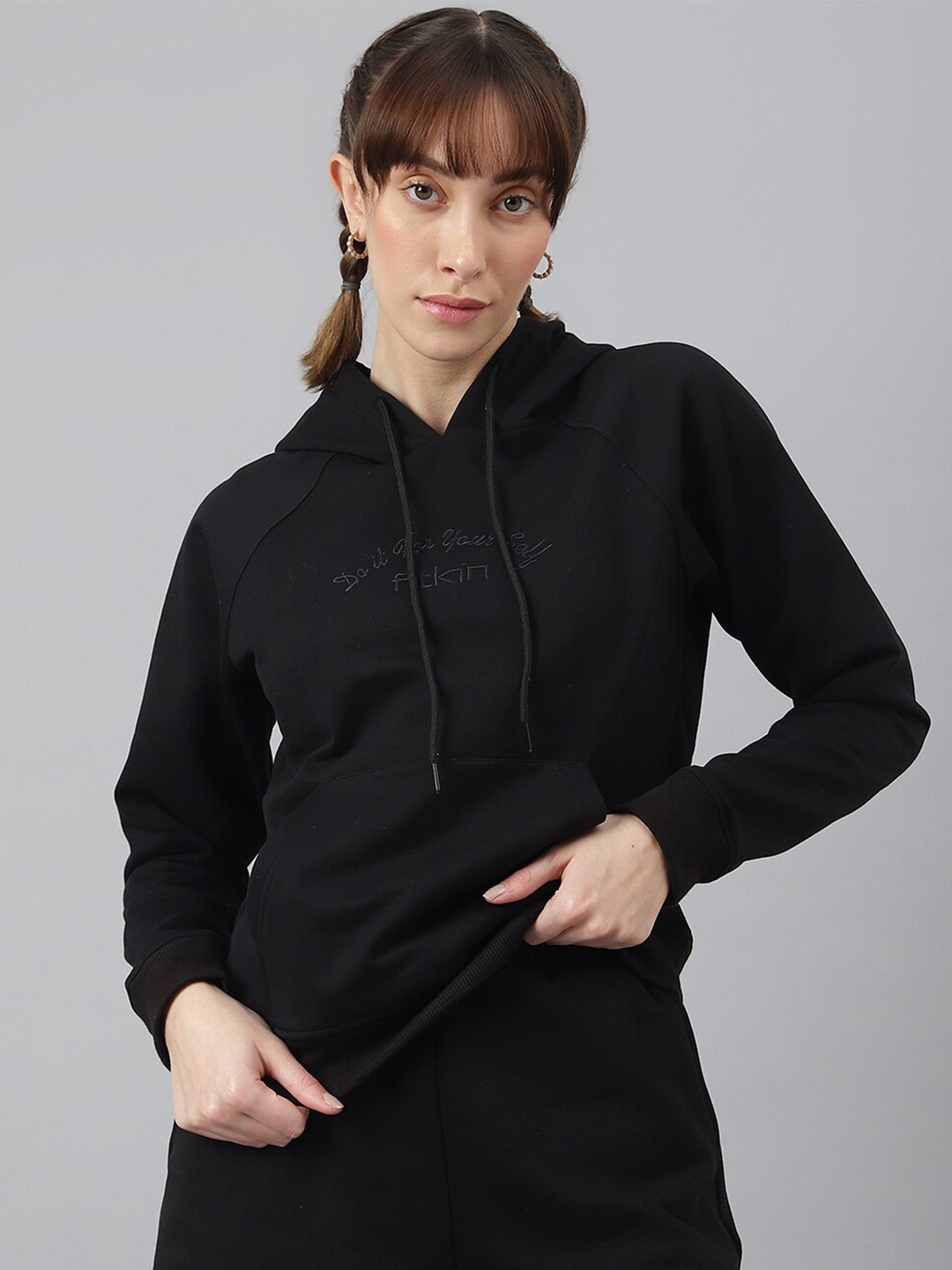 

Fitkin Women Black Fleece Regular Fit Hooded Sweatshirt